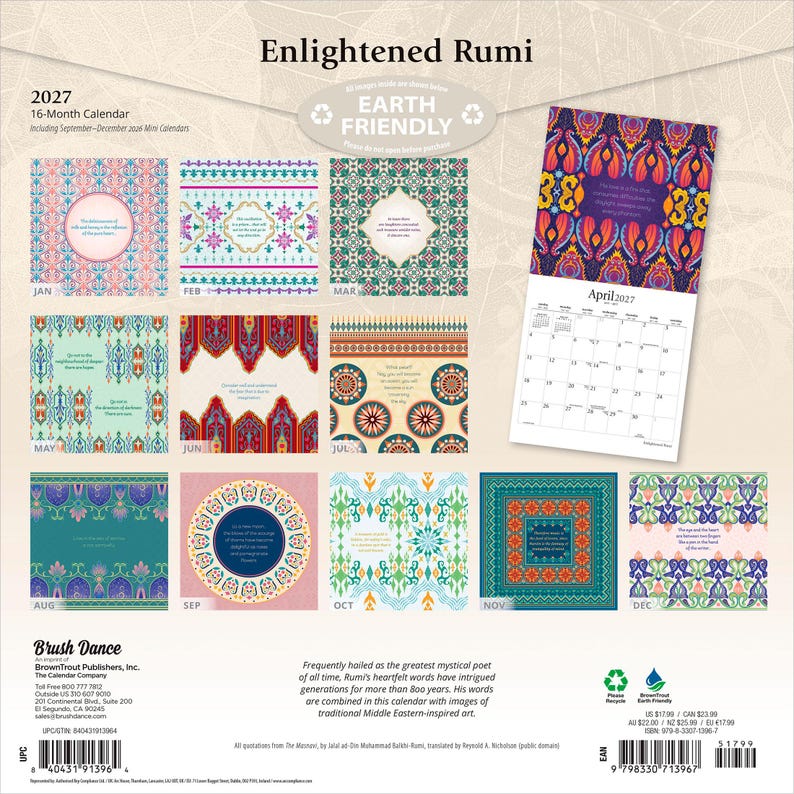 Op de afbeelding: De 2027 Enlightened Rumi 16-maandenkalender bevat twaalf maandpagina's met kleurrijke, ingewikkelde patronen en citaten. Elke maand toont een uniek ontwerp en de aprilpagina is geopend, waardoor een maandoverzicht zichtbaar is.