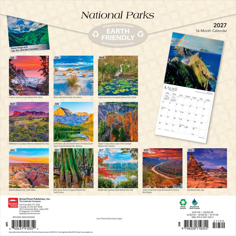 Puede incluir: Un calendario de 16 meses de 2027 con im&aacute;genes de parques nacionales. Incluye un mini calendario adicional de septiembre a diciembre de 2026. El calendario es ecol&oacute;gico y presenta paisajes.
