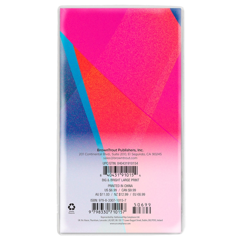 Puede incluir: Una contraportada rectangular con un vibrante patr&oacute;n geom&eacute;trico de tri&aacute;ngulos de color rosa intenso, naranja y azul. El texto incluye BrownTrout Publishers, Inc., el t&iacute;tulo Big & Bright Large Print, un c&oacute;digo de barras y el ISBN 978-8-3307-1015-7.