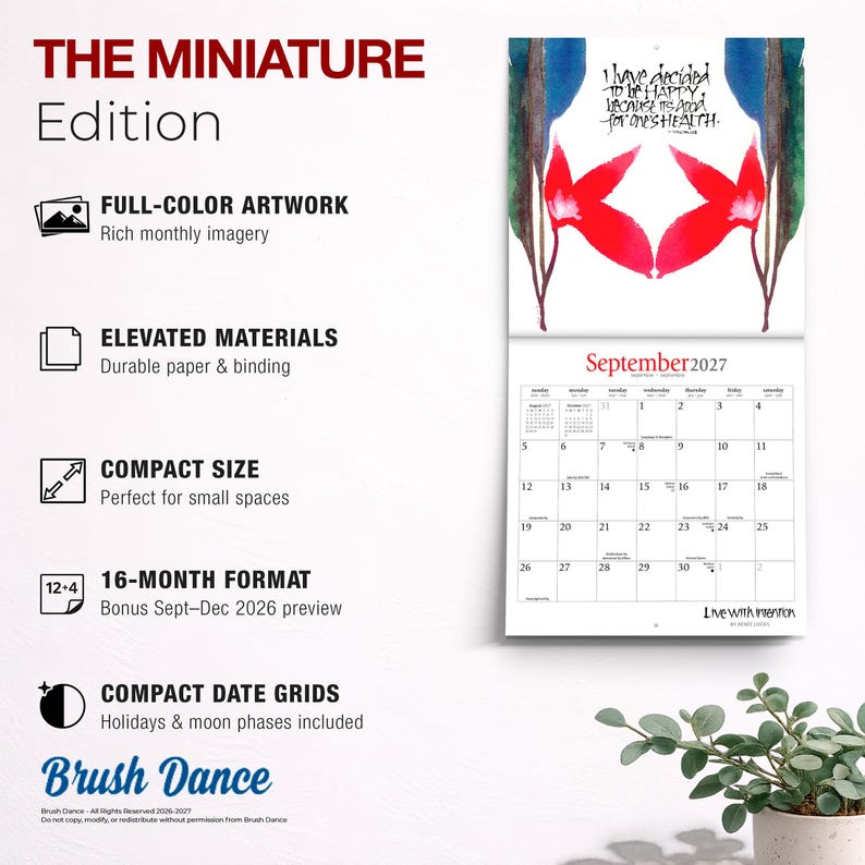 Pode incluir: Um calend&aacute;rio de parede intitulado The Miniature Edition com formato de 16 meses de setembro de 2026 a dezembro de 2027. A p&aacute;gina superior exibe uma ilustra&ccedil;&atilde;o floral vermelha com o texto I have decided to be happy because it is good for one's health.