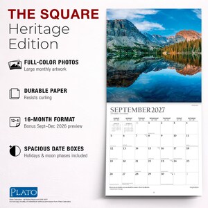 Op de afbeelding: De Square Heritage Edition wandkalender heeft een 16-maanden formaat met een bonus preview van september tot december 2026. Het bevat full-colour foto's, duurzaam papier en ruime datumvakken voor september 2027 met feestdagen en maanfasen.