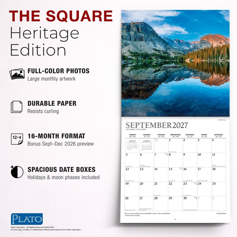 Op de afbeelding: De Square Heritage Edition wandkalender heeft een 16-maanden formaat met een bonus preview van september tot december 2026. Het bevat full-colour foto's, duurzaam papier en ruime datumvakken voor september 2027 met feestdagen en maanfasen.