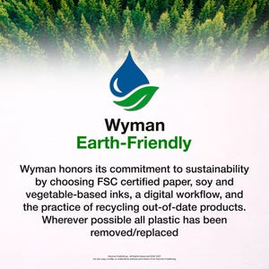 Puede incluir: Un gr&aacute;fico con un logotipo de una gota de agua azul y una hoja verde sobre el texto Wyman Earth-Friendly. El texto debajo dice: Wyman honra su compromiso con la sostenibilidad eligiendo papel certificado FSC.