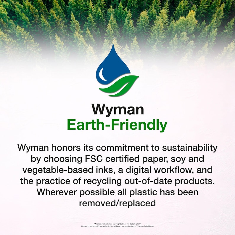 Puede incluir: Un gr&aacute;fico con un logotipo de una gota de agua azul y una hoja verde sobre el texto Wyman Earth-Friendly. El texto debajo dice: Wyman honra su compromiso con la sostenibilidad eligiendo papel certificado FSC.