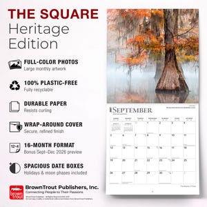 May include: A 2027 wall calendar titled The Square Heritage Edition featuring a full-colour photograph of cypress trees in autumn mist. The layout includes a 16-month format, spacious date boxes with holidays and moon phases, and durable paper.