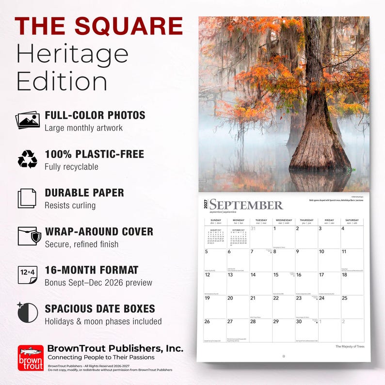 May include: A 2027 wall calendar titled The Square Heritage Edition featuring a full-colour photograph of cypress trees in autumn mist. The layout includes a 16-month format, spacious date boxes with holidays and moon phases, and durable paper.