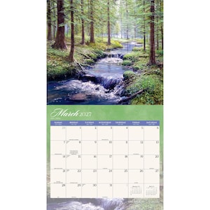 May include: A wall calendar for March 2027 featuring a scenic illustration of a forest stream flowing over rocks. The calendar grid displays days of the week and dates in black text on a light green background, with small monthly calendars for February and April.