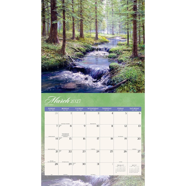 May include: A wall calendar for March 2027 featuring a scenic illustration of a forest stream flowing over rocks. The calendar grid displays days of the week and dates in black text on a light green background, with small monthly calendars for February and April.