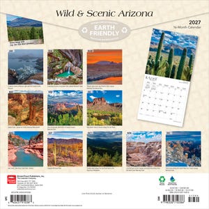 May include: A 2027 16-month wall calendar titled Wild & Scenic Arizona featuring twelve landscape photographs of Arizona scenery, including canyons, forests, and deserts, with a grid for April displayed on the right side of the back cover.
