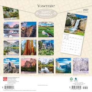 May include: A 2027 16-month Yosemite wall calendar featuring twelve distinct landscape photographs of the national park, including waterfalls, meadows, and granite peaks. The back cover displays a grid of monthly images and a sample April page.