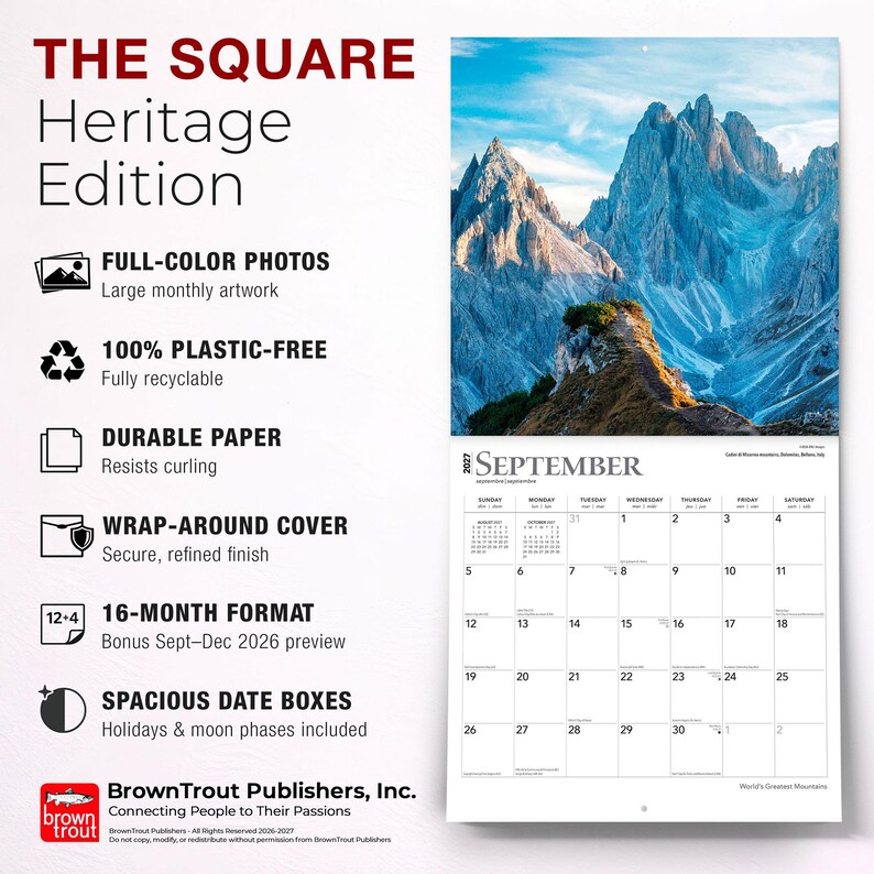 K&ouml;nnte beinhalten: Ein Wandkalender f&uuml;r 2027 mit dem Titel The Square Heritage Edition, der ein Berglandschaftsfoto f&uuml;r September zeigt. Das Layout umfasst ein 16-Monats-Format, plastikfreies Papier, einen Umschlag und ger&auml;umige Datumsfelder mit Mondphasen.