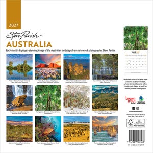 May include: A 2027 Steve Parish Australia wall calendar featuring twelve distinct landscape photographs of Australian locations, including Uluru, the Three Sisters, and the Great Barrier Reef, with a June 2027 preview and a barcode on the back.