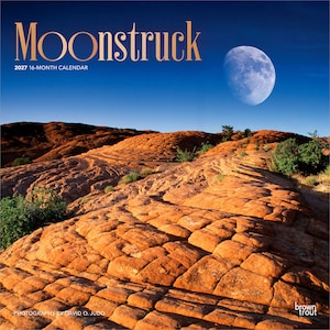 May include: A 2027 16-month calendar titled Moonstruck featuring a photograph of a bright moon in a deep blue sky above a landscape of textured orange sandstone rock formations with small green shrubs scattered across the terrain.