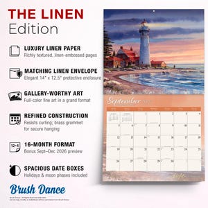 Peut inclure: Un calendrier mural de 16 mois intitul&eacute; The Linen Edition avec une peinture de phare pour septembre 2027. Il comprend une enveloppe en lin assortie de 35,56 cm sur 31,75 cm, du papier textur&eacute;, un &oelig;illet en laiton et des cases de date spacieuses.