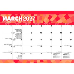 Puede incluir: Una p&aacute;gina de calendario de pared de marzo de 2027 con un fondo de rayos de sol rojos y naranjas. La cuadr&iacute;cula muestra las fechas del 1 al 31, con peque&ntilde;os calendarios de febrero y abril de 2027 en la esquina inferior derecha. Incluye festivos y fases lunares.