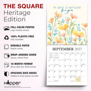 K&ouml;nnte beinhalten: Der 16-Monats-Kalender The Square Heritage Edition zeigt eine florale Aquarellillustration mit dem Text My Grace Is Sufficient For You 2 Corinthians 12:9. Die Seite f&uuml;r September 2027 zeigt ein Kalenderraster mit Daten und Mondphasen.