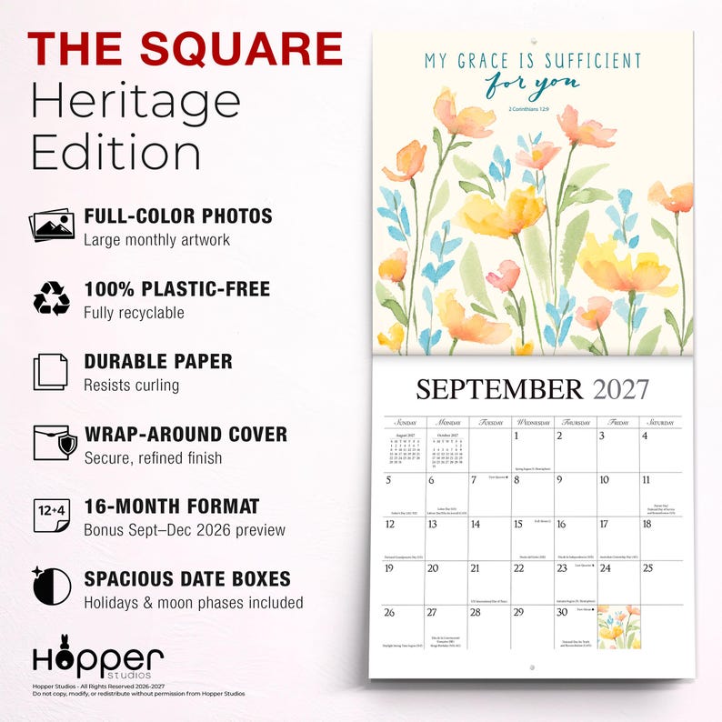 K&ouml;nnte beinhalten: Der 16-Monats-Kalender The Square Heritage Edition zeigt eine florale Aquarellillustration mit dem Text My Grace Is Sufficient For You 2 Corinthians 12:9. Die Seite f&uuml;r September 2027 zeigt ein Kalenderraster mit Daten und Mondphasen.