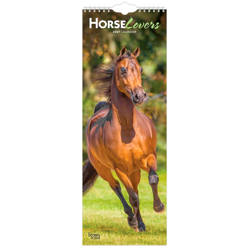 May include: A 2027 wall calendar titled HorseLovers featuring a photograph of a brown horse galloping through a green field. The calendar has a spiral binding at the top and the text HorseLovers 2027 CALENDAR printed in white and green.