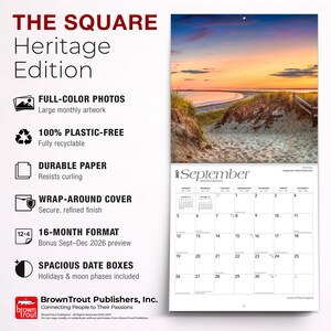 May include: A 2027 wall calendar titled The Square Heritage Edition by BrownTrout Publishers. It features a full-colour photograph of a coastal sunset over sand dunes for September. The layout includes a 16-month format, spacious date boxes, and text detailing plastic-free, durable paper construction with a wrap-around cover.
