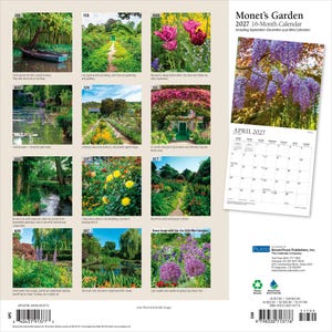 Puede incluir: Un calendario de pared de 16 meses Monet's Garden 2027 con doce fotograf&iacute;as mensuales de jardines, incluyendo un bote en el agua, senderos florales y paisajes en flor. La contraportada muestra una cuadr&iacute;cula de im&aacute;genes y el mes de abril 2027.