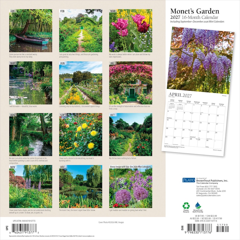 Puede incluir: Un calendario de pared de 16 meses Monet's Garden 2027 con doce fotograf&iacute;as mensuales de jardines, incluyendo un bote en el agua, senderos florales y paisajes en flor. La contraportada muestra una cuadr&iacute;cula de im&aacute;genes y el mes de abril 2027.
