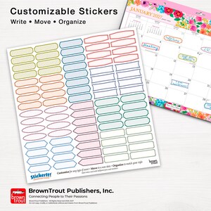 May include: A sheet of customizable stickers featuring various shapes and colors, including yellow, blue, red, and green outlines. The text reads Customizable Stickers, Write, Move, Organize, and StickerIt. A January 2027 calendar is visible.