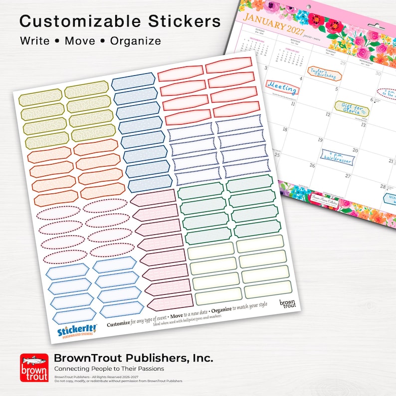 May include: A sheet of customizable stickers featuring various shapes and colors, including yellow, blue, red, and green outlines. The text reads Customizable Stickers, Write, Move, Organize, and StickerIt. A January 2027 calendar is visible.