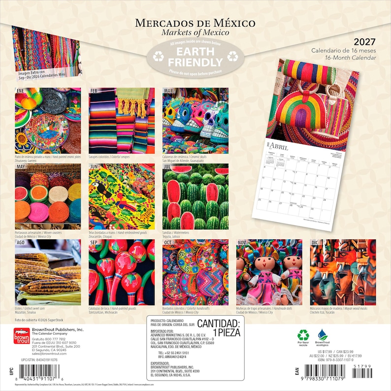 Puede incluir: Un calendario de pared de 16 meses para 2027 titulado Mercados de M&eacute;xico con fotograf&iacute;as coloridas de mercados mexicanos, incluyendo platos pintados a mano, textiles, calaveras de cer&aacute;mica, sand&iacute;as, ma&iacute;z, maracas y mu&ntilde;ecas.
