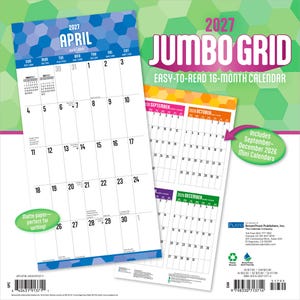 May include: A 2027 Jumbo Grid 16-month calendar featuring a large April page with a blue hexagonal pattern and a secondary page showing September, October, and December 2026. The calendar includes text labels, a barcode, and a green oval graphic.