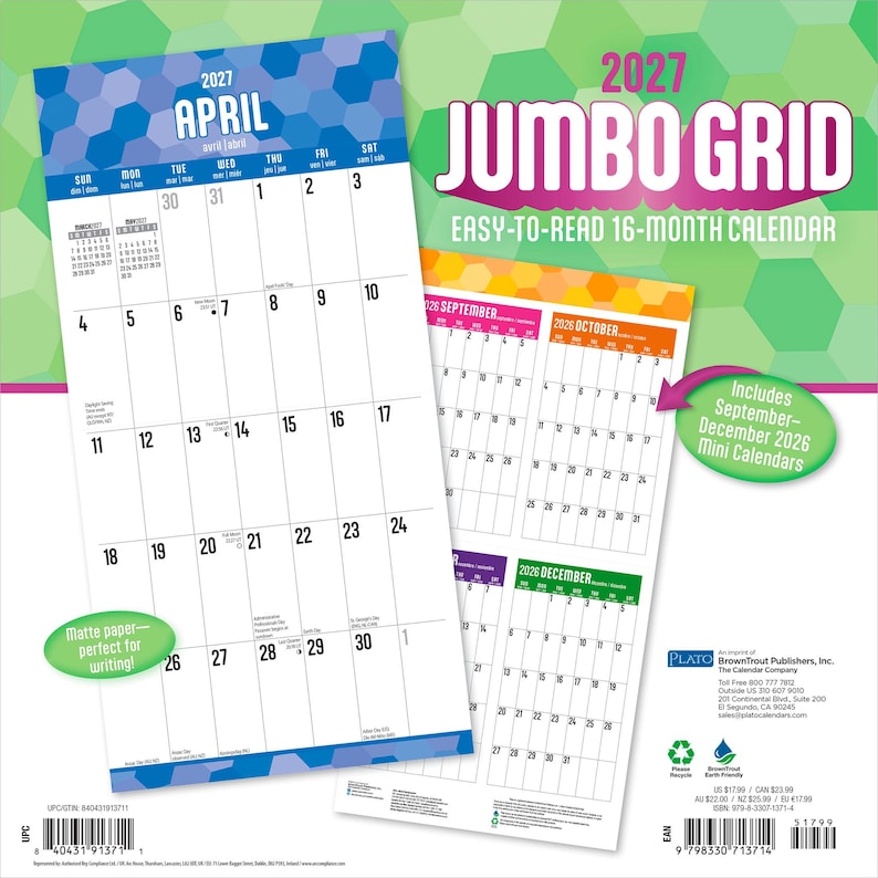 May include: A 2027 Jumbo Grid 16-month calendar featuring a large April page with a blue hexagonal pattern and a secondary page showing September, October, and December 2026. The calendar includes text labels, a barcode, and a green oval graphic.