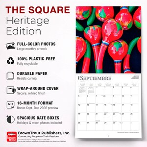 Puede incluir: Un calendario de pared 2027 titulado The Square Heritage Edition con una imagen superior de calabazas pintadas en rojo y verde. El calendario incluye una cuadr&iacute;cula de septiembre con fechas y texto sobre fotos a color y materiales reciclables.