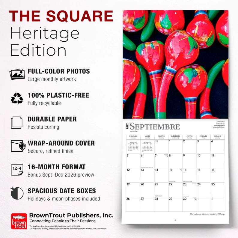 Puede incluir: Un calendario de pared 2027 titulado The Square Heritage Edition con una imagen superior de calabazas pintadas en rojo y verde. El calendario incluye una cuadr&iacute;cula de septiembre con fechas y texto sobre fotos a color y materiales reciclables.