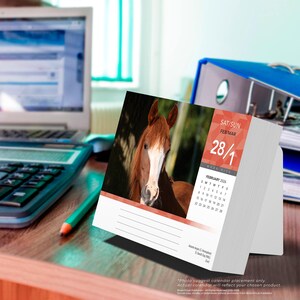 Op de afbeelding: Bureaukalender met een foto van een bruin paard met een witte aftekening. De kalender toont de datum 28/1, februari 2026. Het staat op een bureau met een laptop, rekenmachine en pen.