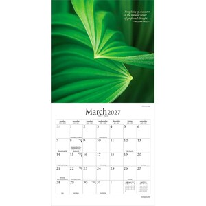 May include: A wall calendar for March 2027 featuring a top image of vibrant green palm leaves with the quote Simplicity of character is the natural result of profound thought by William Hazlitt. The grid displays dates and small text notations.