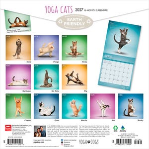 May include: A 2027 Yoga Cats 16-month calendar featuring cats in yoga poses. The calendar includes a bonus image with a Sep-Dec 2026 mini calendar. The calendar is earth-friendly and features various cat breeds in different yoga positions.
