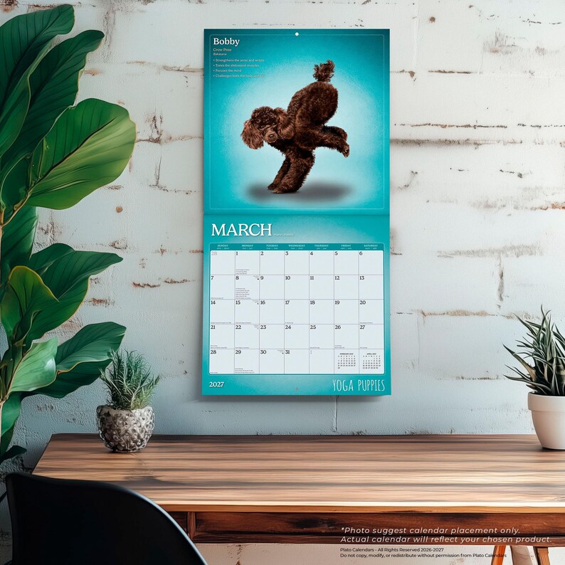 K&ouml;nnte beinhalten: Ein Wandkalender f&uuml;r 2027 mit einem braunen Pudel in einer Yoga-Pose auf der M&auml;rz-Seite. Der Kalender hat einen hellen t&uuml;rkisfarbenen Hintergrund, den Text Bobby, March, Yoga Puppies und ein Kalenderraster f&uuml;r den Monat mit den Tagen 1 bis 31.
