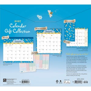 May include: A 2027 calendar gift collection featuring a desk pad, a square office wall calendar, and a pocket planner. The items display a blue background with yellow bee and white flower patterns, including two sticker sheets and January 2027 dates.