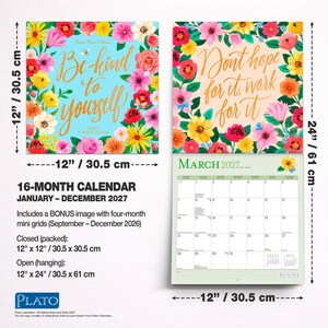 May include: A 16-month wall calendar for 2027 measuring 12 inches by 12 inches closed and 12 inches by 24 inches open. The cover features a light blue background with floral borders and the text Be kind to yourself. An open page shows March 2027.