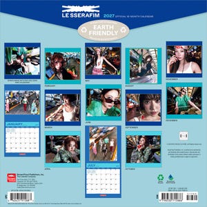 May include: A 2027 LE SSERAFIM official 16-month calendar featuring a collection of photographs of the group members in various settings. The back cover displays monthly calendar grids, individual and group portraits, and barcode information.