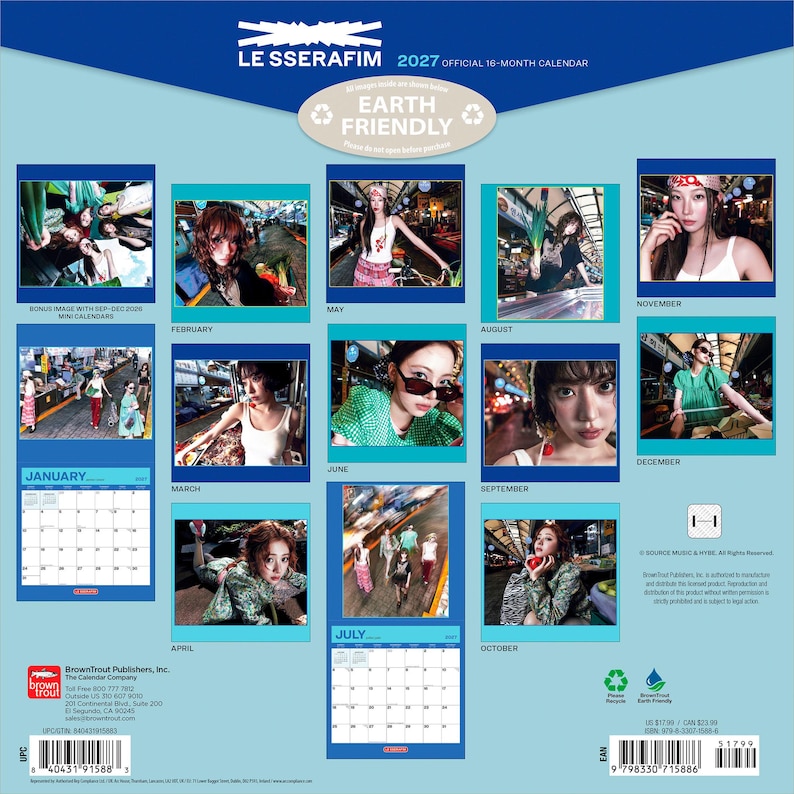 May include: A 2027 LE SSERAFIM official 16-month calendar featuring a collection of photographs of the group members in various settings. The back cover displays monthly calendar grids, individual and group portraits, and barcode information.