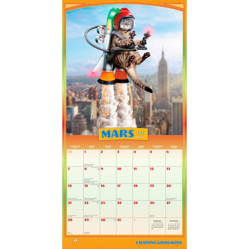 May include: A wall calendar for March 2022 titled MARS 2022. The top section features a brown tabby cat wearing a space helmet and jetpack, flying over a city skyline. The bottom section displays a grid of dates with red numbers.