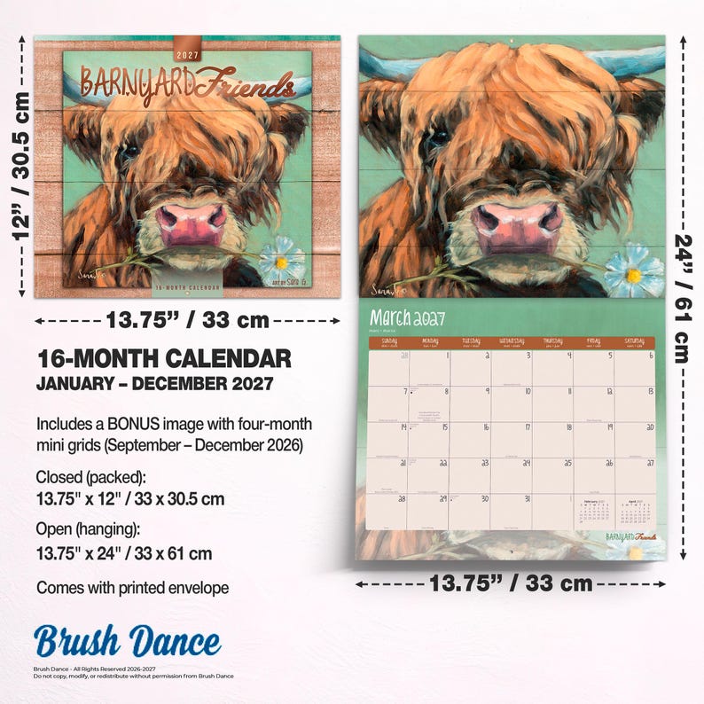 Barnyard Friends 2027 13.75 x 24 Inch (Hanging) Deluxe Wall Calendar | Artwork of Sara G. | Linen Envelope | Foil Stamped Cover Brush Dance bild 8