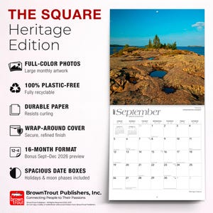 May include: A 2027 square wall calendar titled The Square Heritage Edition. The calendar features full-color nature photography, a 16-month format including September through December 2026, durable paper, a wrap-around cover, and spacious date boxes.