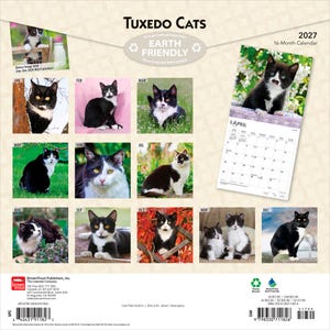 May include: A 2027 16-month wall calendar titled Tuxedo Cats featuring twelve distinct photographs of black and white tuxedo cats. The calendar includes a grid for April, Earth Friendly branding, a barcode, and publisher information at the bottom.
