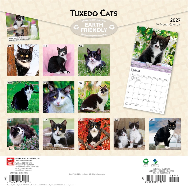 May include: A 2027 16-month wall calendar titled Tuxedo Cats featuring twelve distinct photographs of black and white tuxedo cats. The calendar includes a grid for April, Earth Friendly branding, a barcode, and publisher information at the bottom.