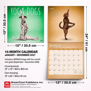 Puede incluir: Un calendario de 16 meses para 2027 con perros en posturas de yoga. El calendario mide 30,5 x 30,5 cm cerrado y 30,5 x 61 cm abierto. Incluye una imagen extra con minigr&aacute;ficos.