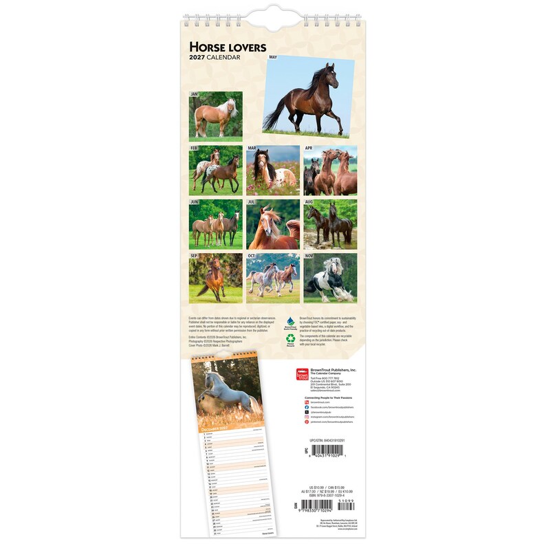 May include: A 2027 Horse Lovers wall calendar featuring twelve monthly grid sections with various horse breeds in outdoor settings. The cover displays the title Horse Lovers 2027 Calendar, a grid of monthly images, a barcode, and publisher information.