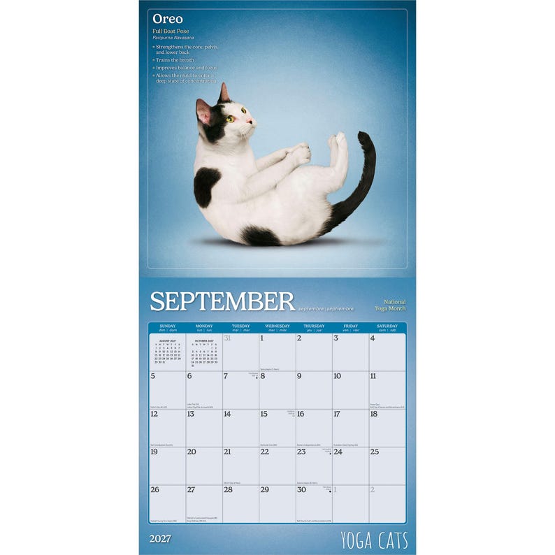 May include: A 2027 calendar with a black and white cat in a yoga pose. The calendar is titled "Yoga Cats" and shows the month of September. The cat is named "Oreo" and the pose is called "Full Boat Pose".