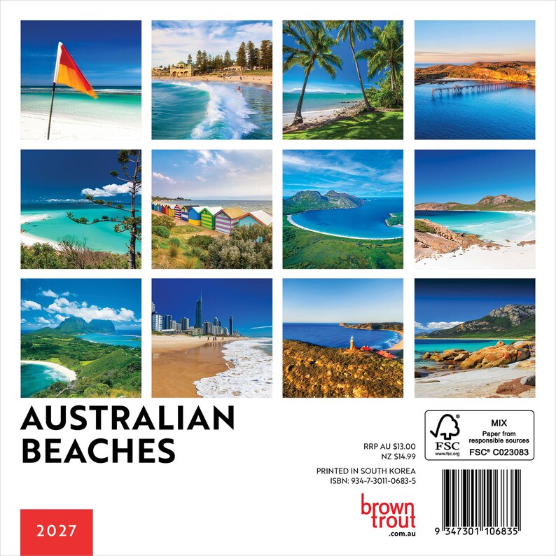 May include: A 2027 wall calendar titled AUSTRALIAN BEACHES featuring twelve distinct photographic panels of coastal landscapes, including surf beaches, colorful bathing boxes, tropical palms, and city skylines, with a barcode and FSC logo.