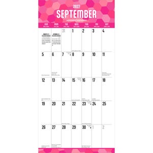May include: A 2027 September calendar page featuring a pink and magenta hexagonal pattern at the top and bottom. The grid displays days of the month with small black text for holidays and lunar phases, including August and October mini calendars.